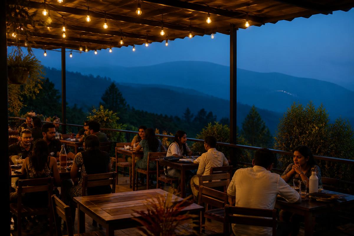 Open-air mountain dining at dusk